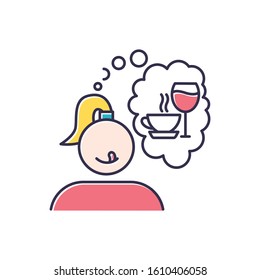 Alcohol And Coffee Craving Color Icon. Thirsty Woman. Woman Thinking Of Wine. Unhealthy Eating Habit. Thought Of Drinks. Girl Desire For Tea. Tasty Beverage. Isolated Vector Illustration