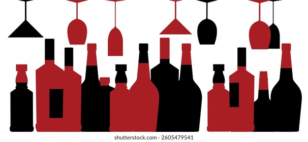 Alcohol collection, whiskey, bourbon, chardonnay bottle silhouettes. Vector illustration for bar, restaurant, menu, wine list banner