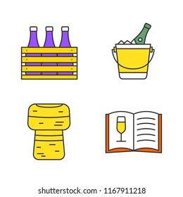 Alcohol color icons set. Bar. Wine. Beer case, champagne bucket, cork, wine menu. Isolated vector illustrations