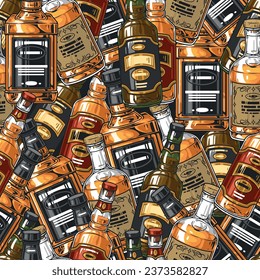 Alcohol colorful vintage seamless pattern with whiskey and cognac or brandy bottles for liquor store advertising company vector illustration