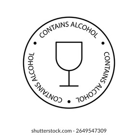 Alcohol contain icon for medication, cosmetic, food, candies. Wine glass icon. Product contains alcohol sign. Vector illustration on white background.