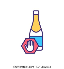 Alcohol control RGB color icon. Alcoholic beverages ban. Preventing unhealthy alcohol drinking behaviors. Drinking problem. Packaging beer, wine in carry-on baggage. Isolated vector illustration