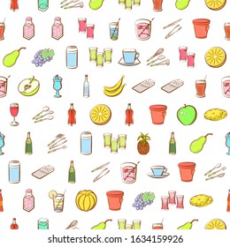 Alcohol, Cutlery, Drinks and Fruits set. Background for printing, design, web. Usable as icons. Seamless. Colored.