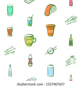 Alcohol, Cutlery, Drinks and Japanese food set. Background for printing, design, web. Usable as icons. Seamless. Colored.