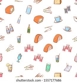 Alcohol, Cutlery, Drinks and Japanese food set. Background for printing, design, web. Usable as icons. Seamless. Colored.