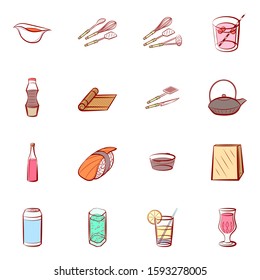 Alcohol, Cutlery, Drinks and Japanese food set. Background for printing, design, web. Usable as icons. Colored.