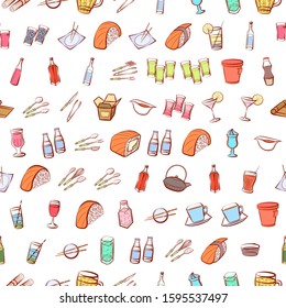 Alcohol, Cutlery, Drinks and Japanese food set. Background for printing, design, web. Usable as icons. Seamless. Colored.