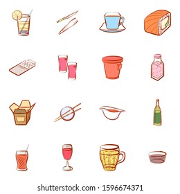 Alcohol, Cutlery, Drinks and Japanese food set. Background for printing, design, web. Usable as icons. Colored.