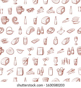 Alcohol, Cutlery, Drinks, Japanese food and Seafood set. Background for printing, design, web. Usable as icons. Seamless. Binary color.