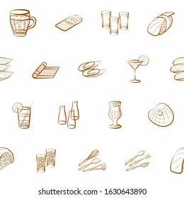 Alcohol, Cutlery, Drinks, Japanese food and Seafood set. Background for printing, design, web. Usable as icons. Seamless. Binary color.
