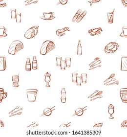 Alcohol, Cutlery, Drinks, Japanese food and Seafood set. Background for printing, design, web. Usable as icons. Seamless. Binary color.