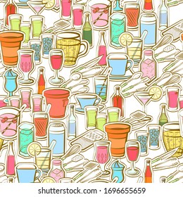 Alcohol, Cutlery and Drinks pattern. Background for printing, design, web. Seamless. Colored.