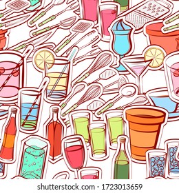 Alcohol, Cutlery and Drinks pattern. Background for printing, design, web. Seamless. Colored.