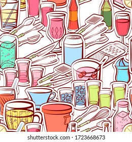Alcohol, Cutlery and Drinks pattern. Background for printing, design, web. Seamless. Colored.
