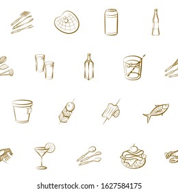 Alcohol, Cutlery, Drinks, Seafood and Snacks set. Background for printing, design, web. Usable as icons. Seamless. Binary color.