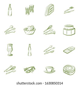 Alcohol, Cutlery, Drinks, Seafood and Snacks set. Background for printing, design, web. Usable as icons. Binary color.
