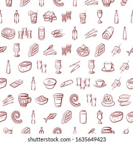 Alcohol, Cutlery, Drinks, Seafood and Snacks set. Background for printing, design, web. Usable as icons. Seamless. Binary color.