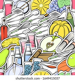 Alcohol, Cutlery, Fruits and Japanese food pattern. Background for printing, design, web. Seamless. Colored.