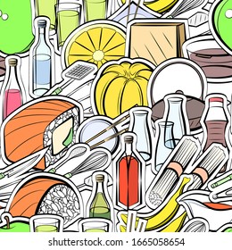 Alcohol, Cutlery, Fruits and Japanese food pattern. Background for printing, design, web. Seamless. Colored.