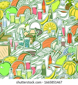 Alcohol, Cutlery, Fruits and Japanese food pattern. Background for printing, design, web. Seamless. Colored.