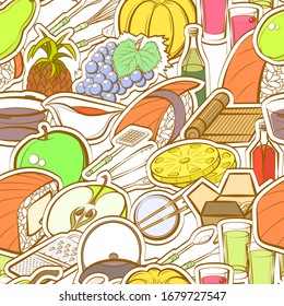 Alcohol, Cutlery, Fruits and Japanese food pattern. Background for printing, design, web. Seamless. Colored.