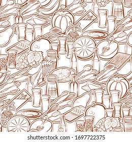 Alcohol, Cutlery, Fruits and Table setting pattern. Background for printing, design, web. Seamless. Binary color.