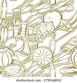 Alcohol, Cutlery, Fruits and Table setting pattern. Background for printing, design, web. Seamless. Binary color.