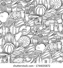 Alcohol, Cutlery, Fruits and Table setting pattern. Background for printing, design, web. Seamless. Monochrome binary, black and white.