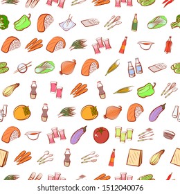 Alcohol, Cutlery, Health food and Japanese food set. Background for printing, design, web. Usable as icons. Seamless. Colored.