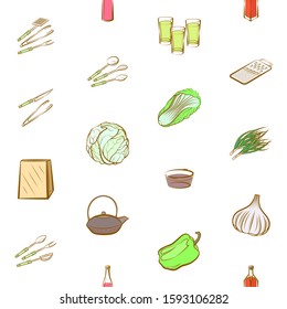 Alcohol, Cutlery, Health food and Japanese food set. Background for printing, design, web. Usable as icons. Seamless. Colored.