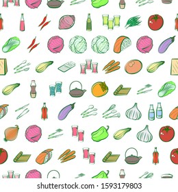 Alcohol, Cutlery, Health food and Japanese food set. Background for printing, design, web. Usable as icons. Seamless. Colored.