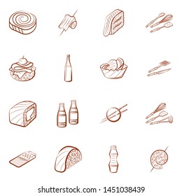 Alcohol, Cutlery, Japanese food and Snacks set. Background for printing, design, web. Usable as icons. Binary color.