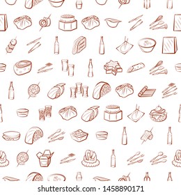 Alcohol, Cutlery, Japanese food and Snacks set. Background for printing, design, web. Usable as icons. Seamless. Binary color.