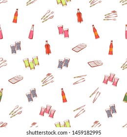 Alcohol and Cutlery set. Background for printing, design, web. Usable as icons. Seamless. Colored.