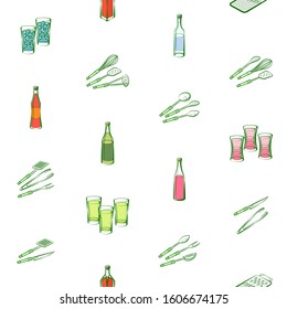 Alcohol and Cutlery set. Background for printing, design, web. Usable as icons. Seamless. Colored.