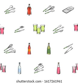 Alcohol and Cutlery set. Background for printing, design, web. Usable as icons. Seamless. Colored.