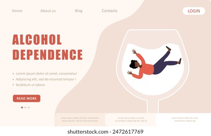 Alcohol dependence. Landing page template. Drunk african Woman swimming in glass of boozy. People suffering from hard drinking. Vector illustration in flat cartoon style.