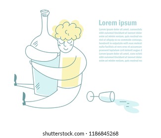 Alcohol dependence Line art Vector. Cartoon. Isolated 