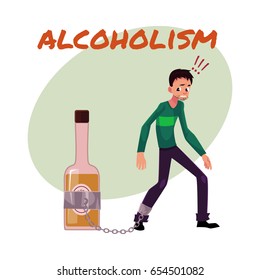 Alcohol dependence poster, banner template with man standing with leg chained to bottle of liquor, alcohol dependence, cartoon vector illustration isolated on white background.