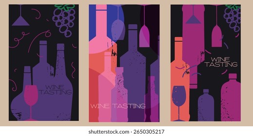 Alcohol design set, flat illustration of wine bottle, glasses, dark background, restaurant banner design, wine list. Sommelier, wine tasting, kitchen decor, red wine, chardonnay
