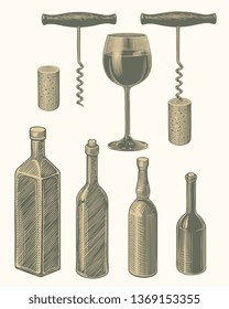 Alcohol. Design set. Hand drawn engraving. Editable vector vintage illustration. Isolated on light background. 8 EPS