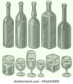 Alcohol. Design set. Hand drawn engraving. Vector vintage illustration. Isolated on color background. 8 EPS