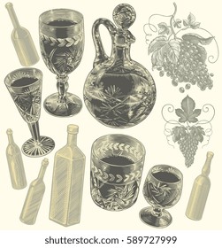 Alcohol. Design set. Hand drawn engraving. Vector vintage illustration. Isolated on color background. 8 EPS