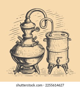 Alcohol distillation process. Fermentation, distillation, aging and bottling alcohol drink. Vintage vector illustration