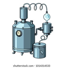 Dibujo de vector retro de arte pop de la máquina de destilación de alcohol. Luna. Imagen aislada en fondo blanco. Imitación al estilo de un libro de historietas.