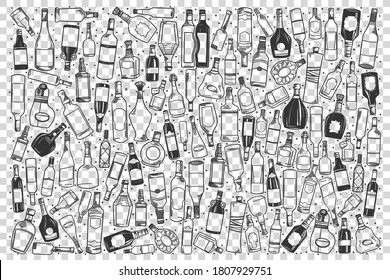 Juego de doodles para alcohol. Colección de tiza de lápiz dibujo a mano dibujos plantillas de bebidas alcohólicas whisky vodka champagne ron sobre fondo transparente. Ilustración de adicción al hábito malo