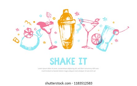 Alcohol drink bar menu banner with sketch glasses, drinks. Colorful grunge drawing style. Template design isolated on white background
