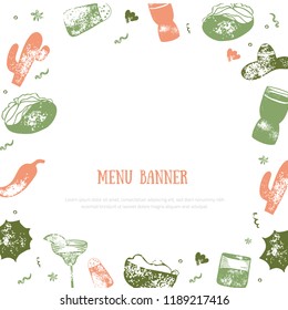 Alcohol drink bar menu banner with grunge glasses, drinks. Colorful drawing style. Template design isolated on dark background