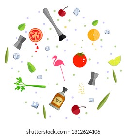 Alcohol drink bar menu banner with flat color glasses, fruts, bartender tools. Template design isolated on white background. Flat vector illustration.