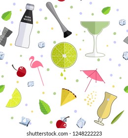 Alcohol drink bar menu seamless pattern with flat color glasses, fruts, bartender tools. Template design isolated on white background. Flat vector illustration.